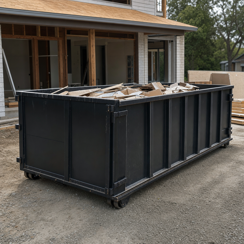 Large matte-black 30-yard construction roll-off dumpster at an active Secaucus jobsite, steel-gray top rails and bottom rollers visible, loaded with construction debris.