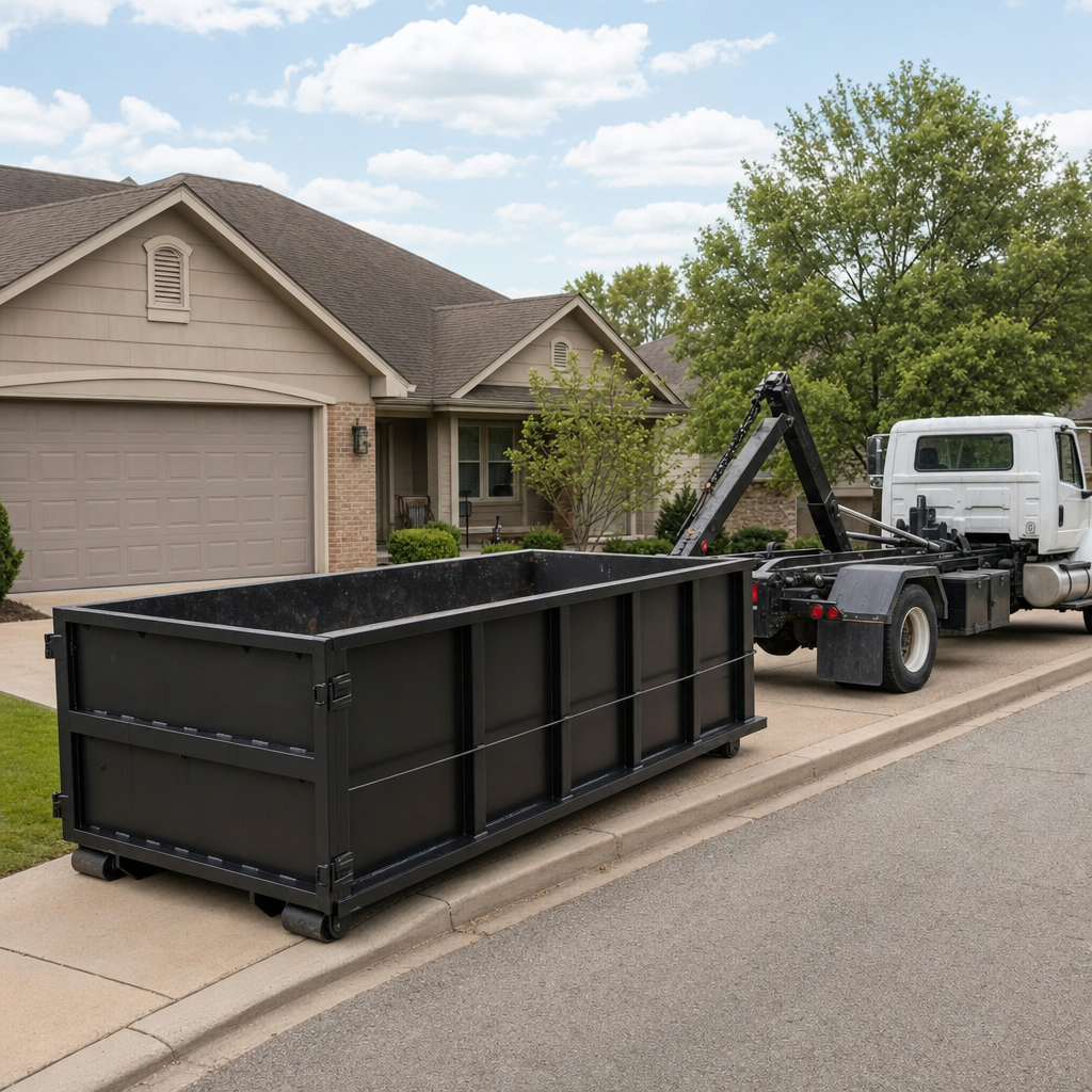 Wide documentary shot of a matte-black roll-off dumpster on a Secaucus residential driveway in the foreground and a contractor jobsite container in the soft-focus background, bright daylight, calm and orderly composition.