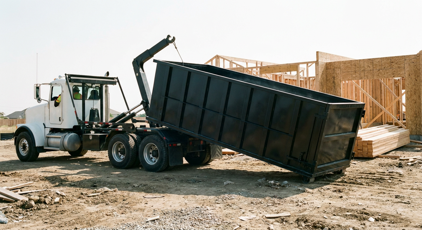 Matte-black roll-off dumpster being delivered onto a clean residential concrete driveway in Secaucus by an unmarked white hooklift hauler truck, bright morning daylight, documentary 35mm perspective.